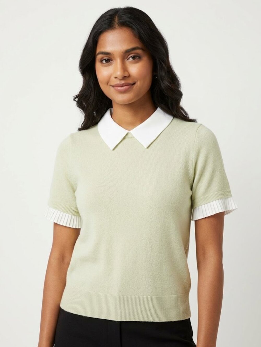 French Connection NWT Sage Green Mixed Media Polo Sweater Pleated Ruffles Sz M